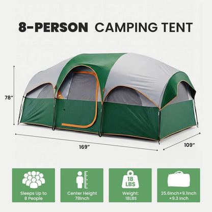 8-Person Camping Tent with spacious interior and weather-resistant design for family outdoor adventures.