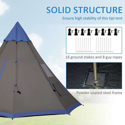 7-Person 12FT Camping Tent features a solid structure with 16 ground stakes and 8 guy ropes for stability.
