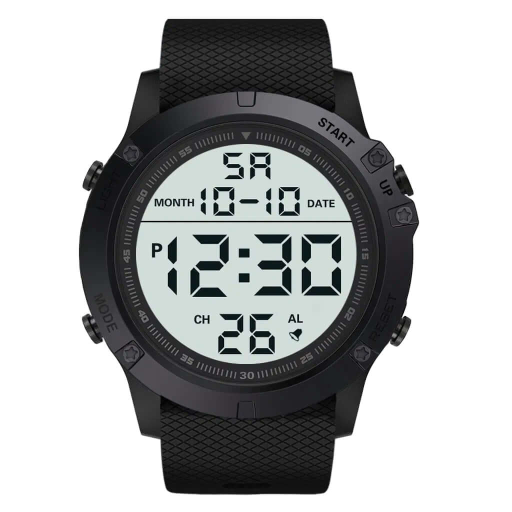 Tactical Military Digital Watch displaying time and date, designed for rugged outdoor use and adventure.