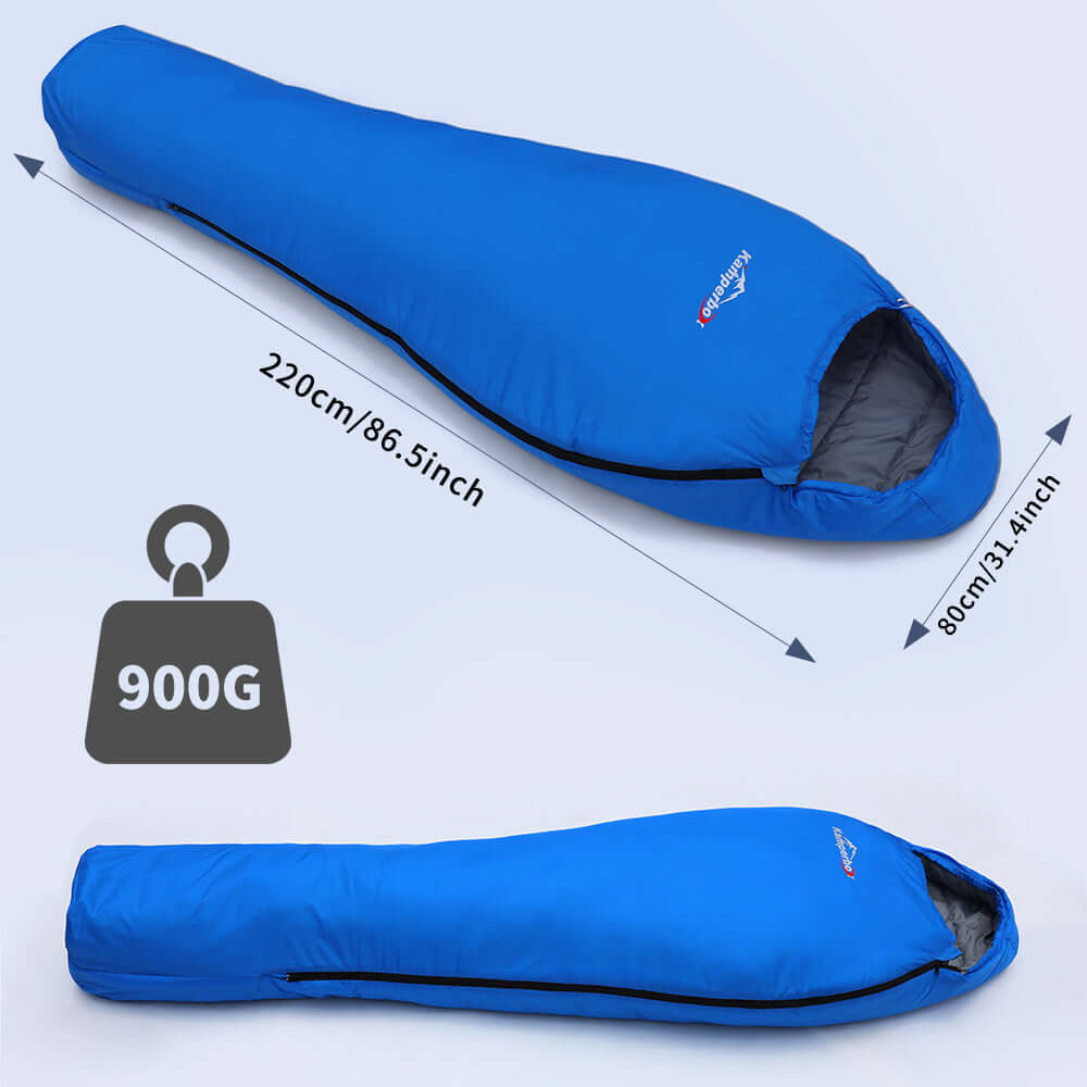 3 Season Sleeping Bag in blue, lightweight design with dimensions 220cm x 80cm, ideal for camping and hiking.