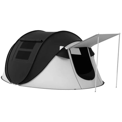 3-Person Pop Up Tent With Porch And Carry Bag set up for camping, featuring waterproof material and a porch.
