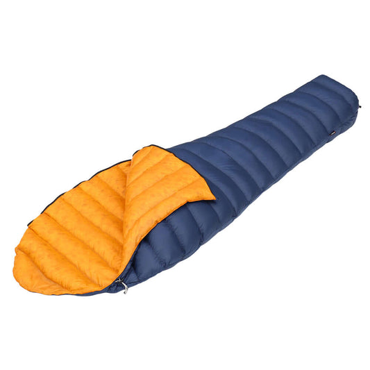 UL250 UltraLight Down Sleeping Bag in blue and orange, perfect for lightweight camping and hiking adventures.
